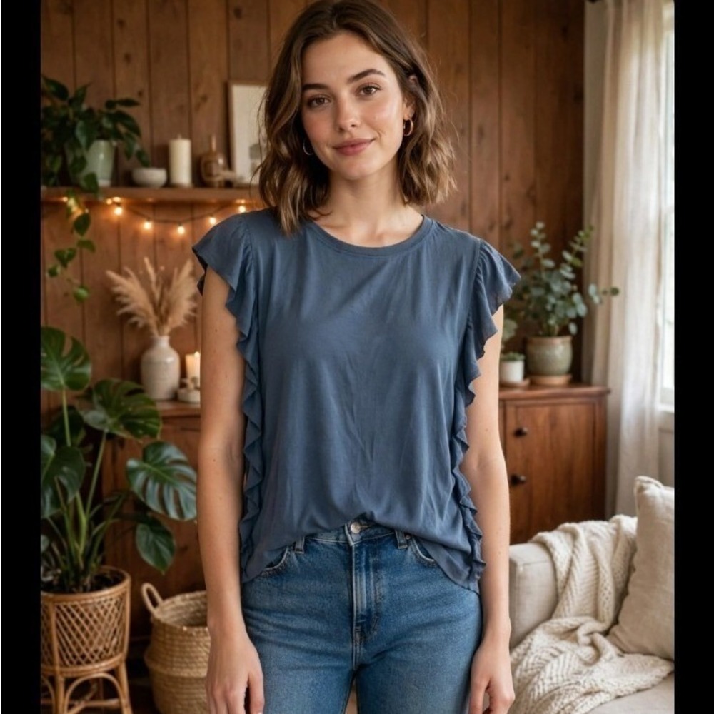 Ariat washed jersey tank RUFFLE  DUSTY SLATE BLUE RELAXED FIT XL TOP SHIRT
